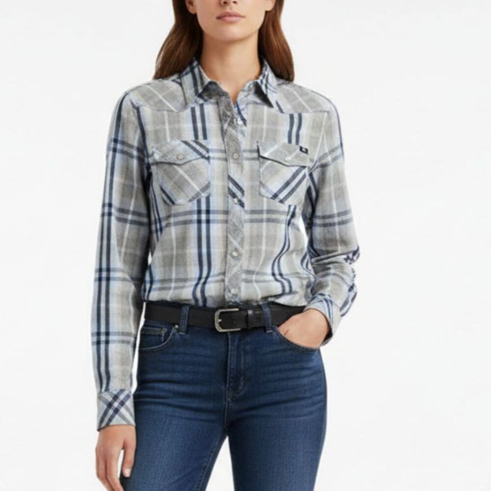 Lucky Blue Plaid Gingham Checker Pearl Snap Long Sleeve Western Cowgirl Top M